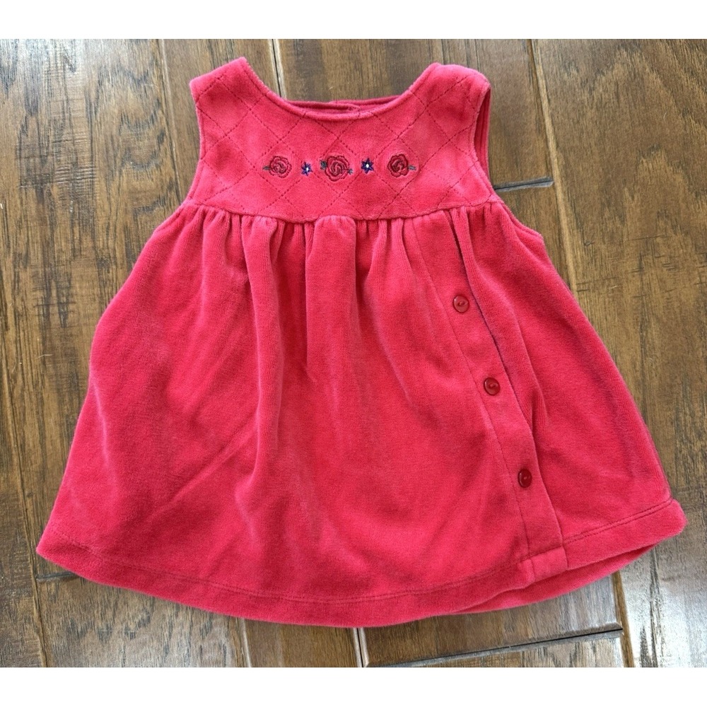 Vintage OshKosh BGosh Baby Jumper Dress‎ 3-6 Month Red Velvet Floral Embroidered